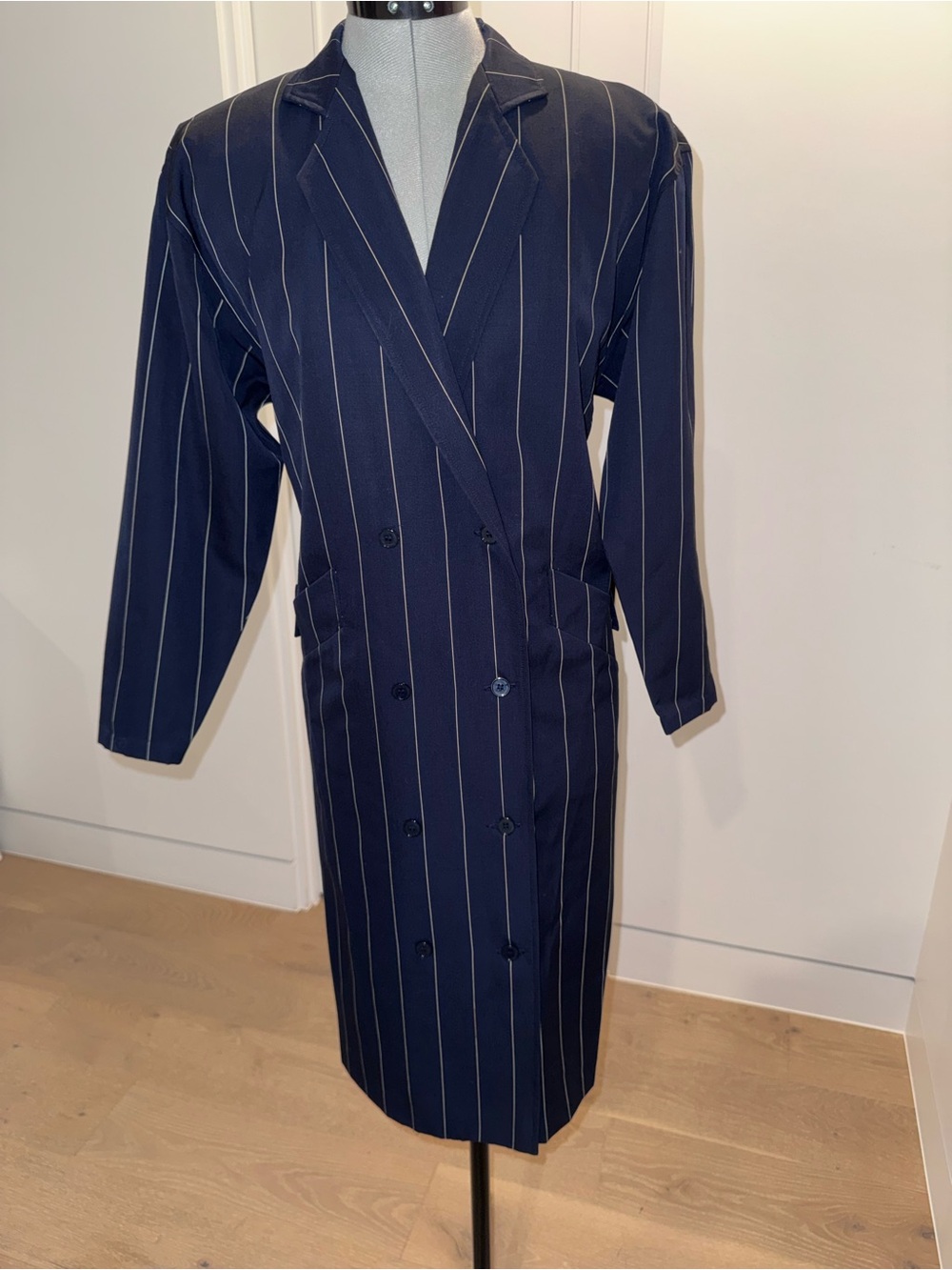 Vintage Guy Laroche Navy Pinstripe Double-Breasted Trench